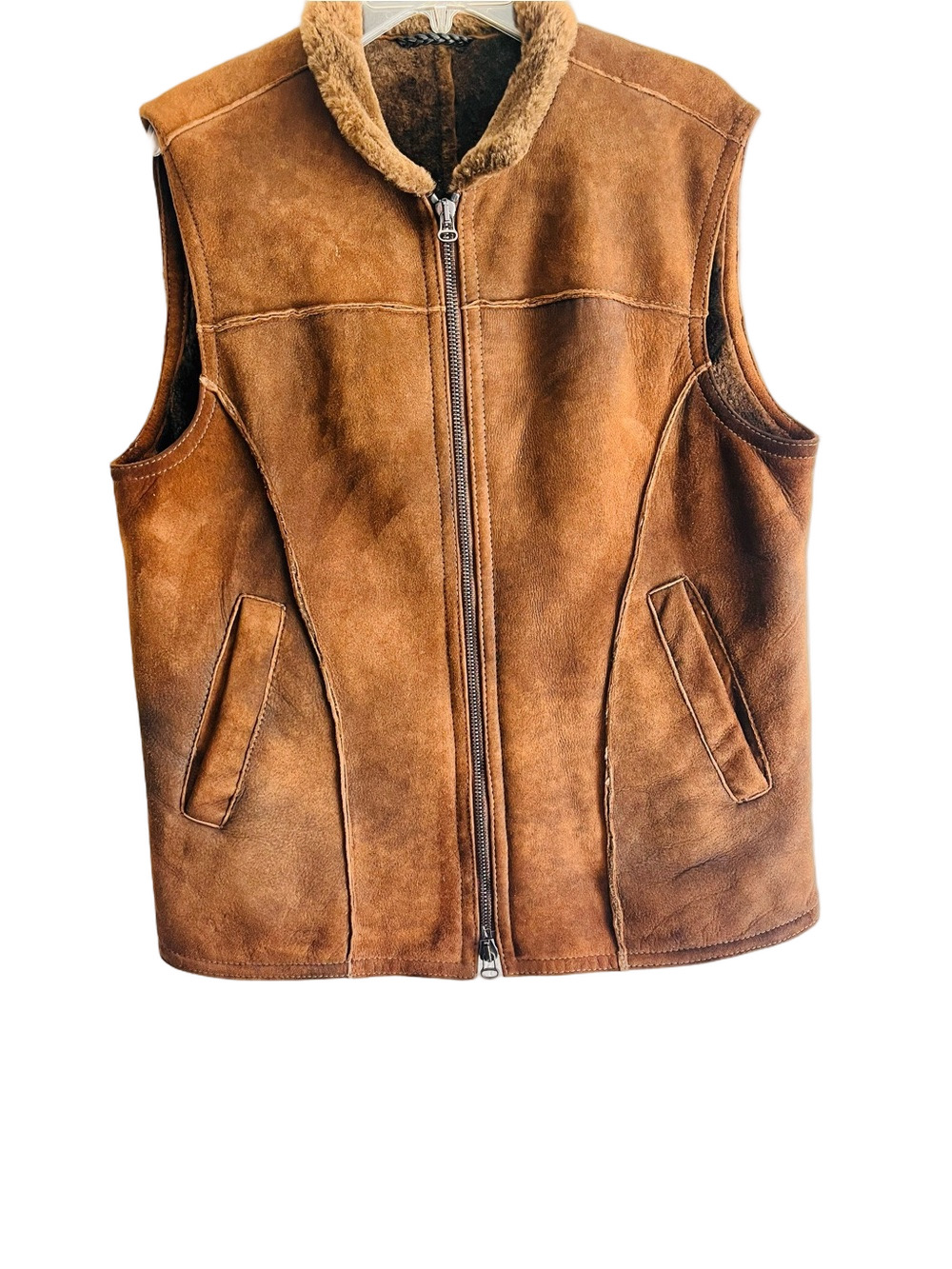 Gimo's Italian Leather Genuine Shearling Lining Vest Distressed Zip Mens 50/M